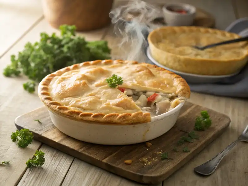 chicken pot pie with pie crust and crescent rolls Chicken Pot Pie with Crescent Roll Crust on Rustic Table