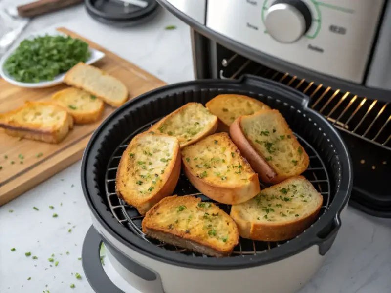 Air Fryer Garlic Bread Spreading garlic butter on baguette slices for air fryer garlic bread