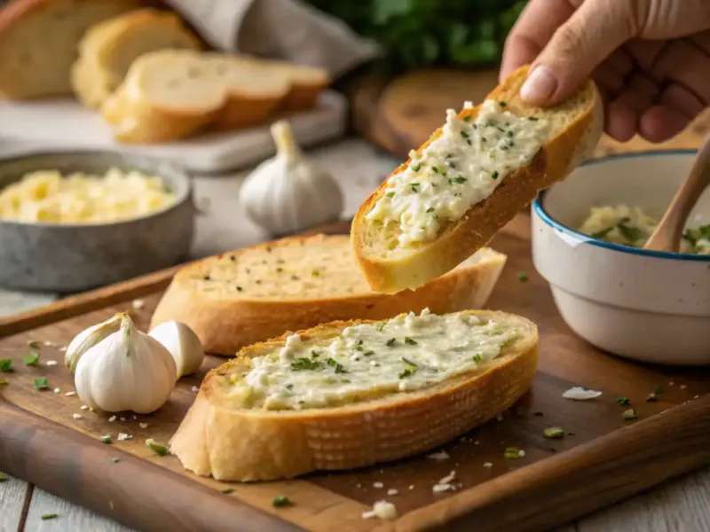 Air Fryer Garlic Bread Garlic bread slices cooking in air fryer with golden edges