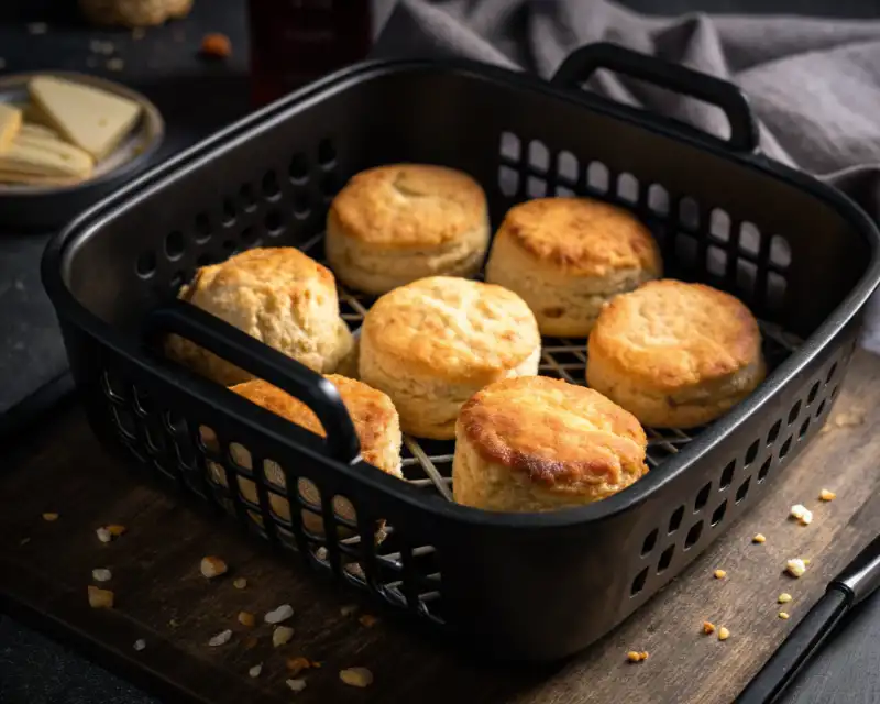 air fryer biscuits Air fryer biscuit split in half showing soft, fluffy interior.