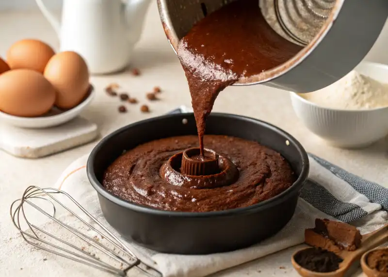 Air Fryer Boxed Brownies Brownie batter poured into pan for Air Fryer Boxed Brownies