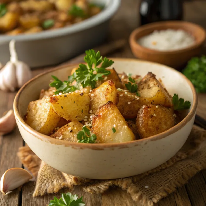 bowl of crispy garlic parmesan potatoes served