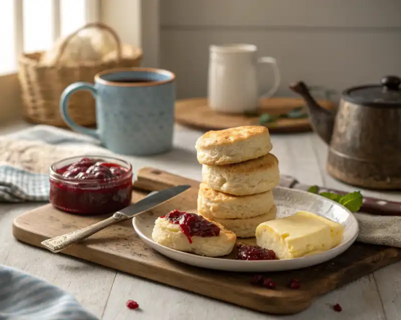 air fryer biscuits Warm air fryer biscuits served with butter and strawberry jam on a plate.