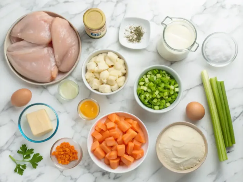 Chicken Pot Pie overhead shot of ingredients for chicken pot pie on marble counter