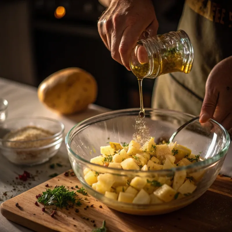 air fryer potatoes Potatoes being mixed with oil and seasoning before air frying