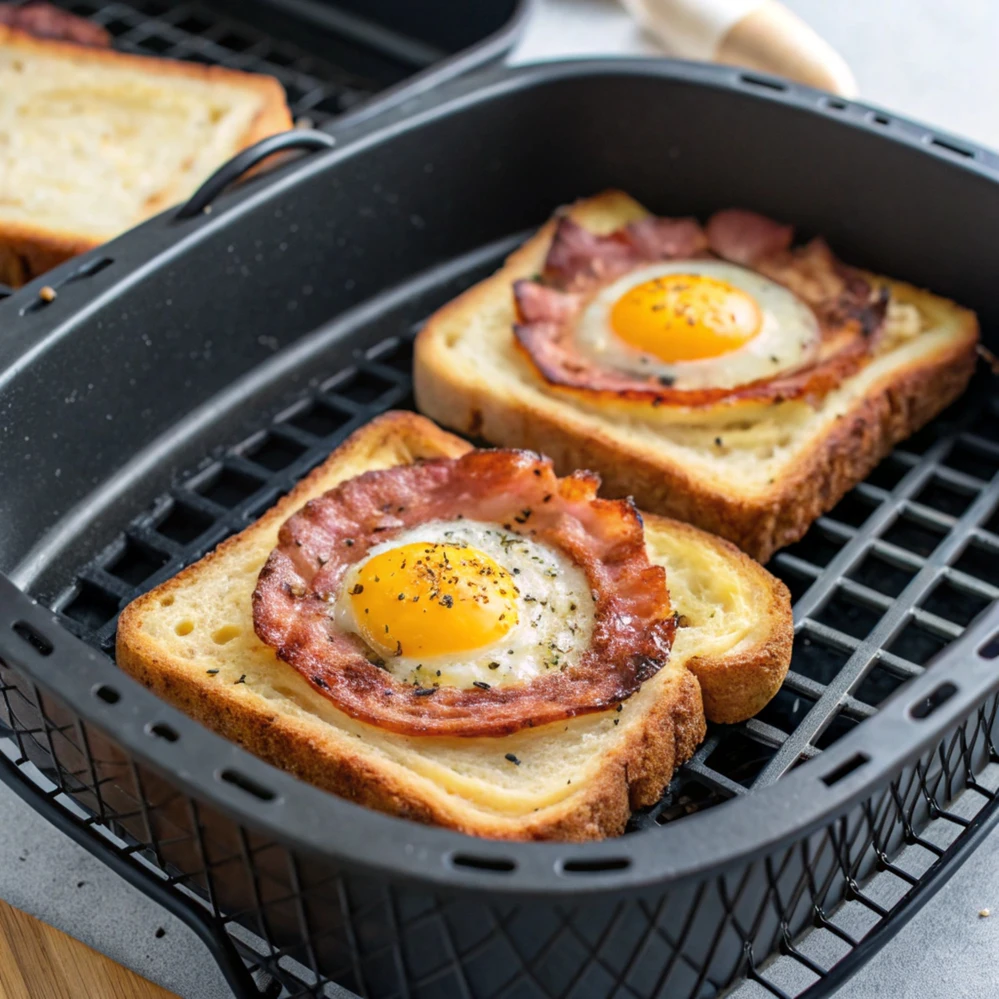Air Fryer Bacon and Eggs Air fryer bacon and eggs on toast in a rustic kitchen setting