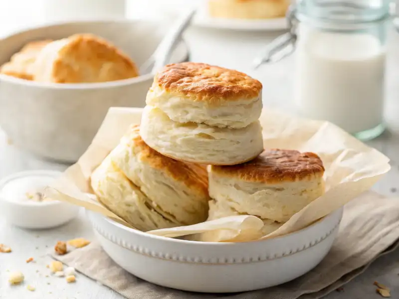 air fryer biscuits Golden air fryer biscuits arranged in a basket with melted butter on top.