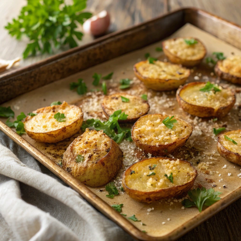 crispy garlic parmesan potatoes on baking sheet
