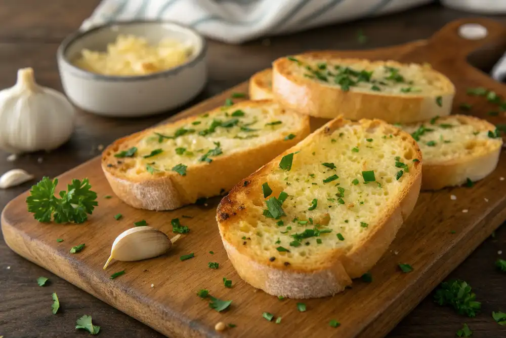 Air Fryer Garlic Bread Air fryer garlic bread with golden crispy edges and melted parmesan
