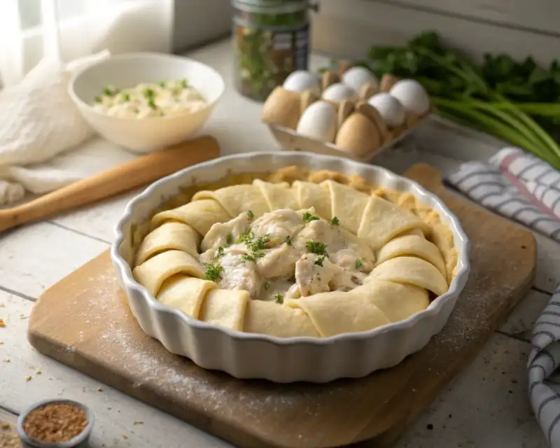 chicken pot pie with pie crust and crescent rolls lacing Crescent Rolls Over Chicken Pot Pie Filling