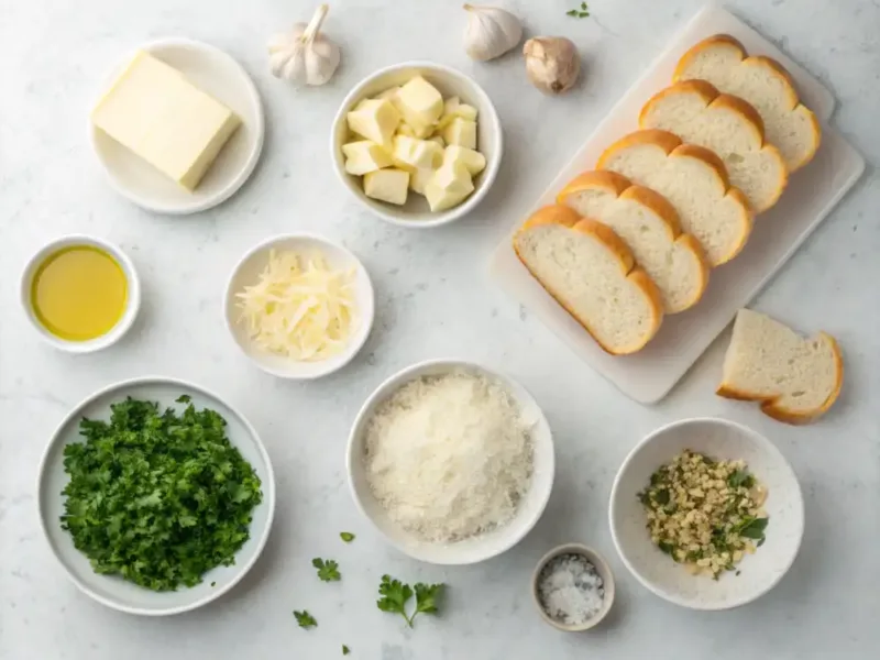 Air Fryer Garlic Bread Spreading garlic butter on baguette slices for air fryer garlic bread