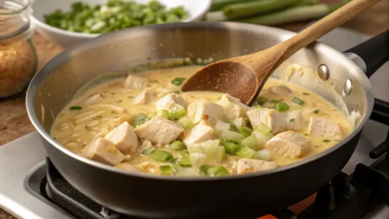 Chicken Pot Pie saucepan cooking chicken pot pie filling with onions and celery