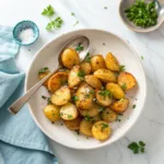 air fryer potatoes Crispy golden air fryer potatoes served in a ceramic bowl