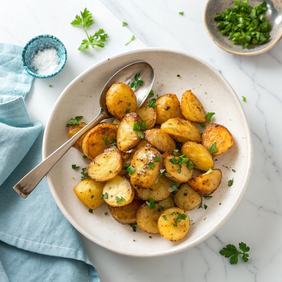 air fryer potatoes Crispy golden air fryer potatoes served in a ceramic bowl