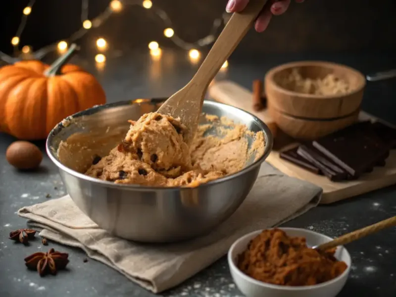 Pumpkin Pie Cookies mixing pumpkin cookie dough