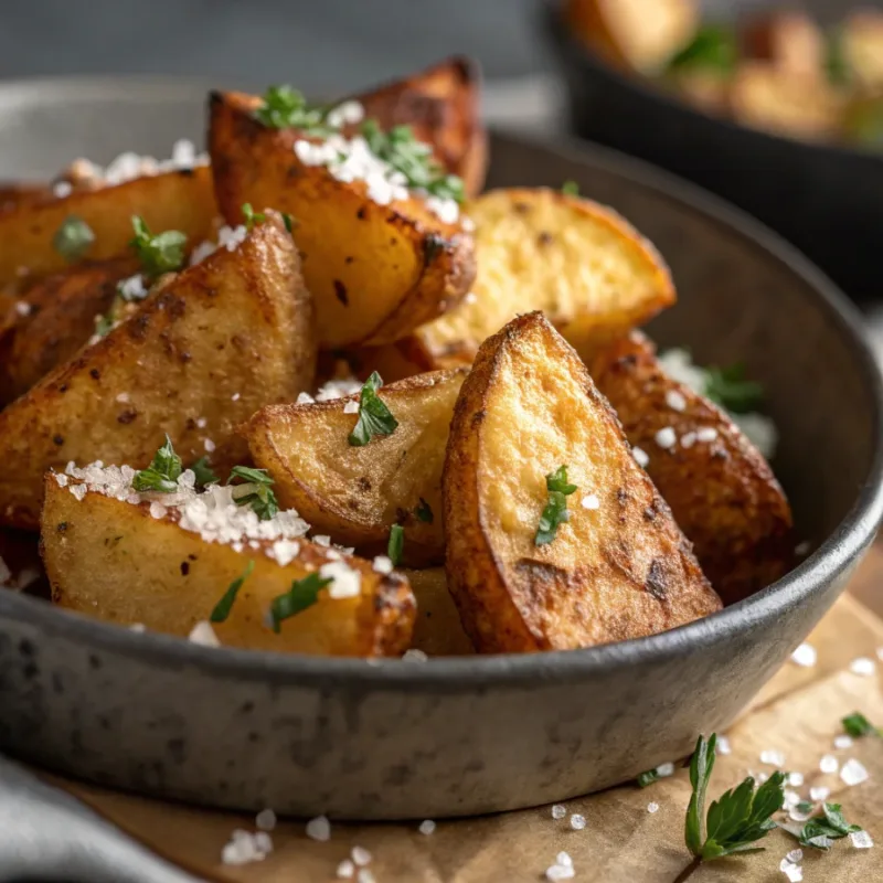 air fryer potatoes Close-up of crispy air fryer potatoes with herbs