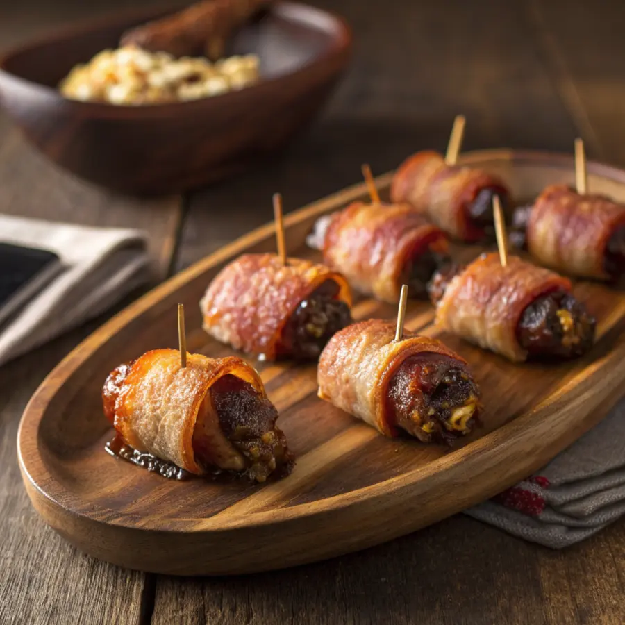 Bacon-Wrapped Dates Bacon-Wrapped Dates appetizer on wooden platter