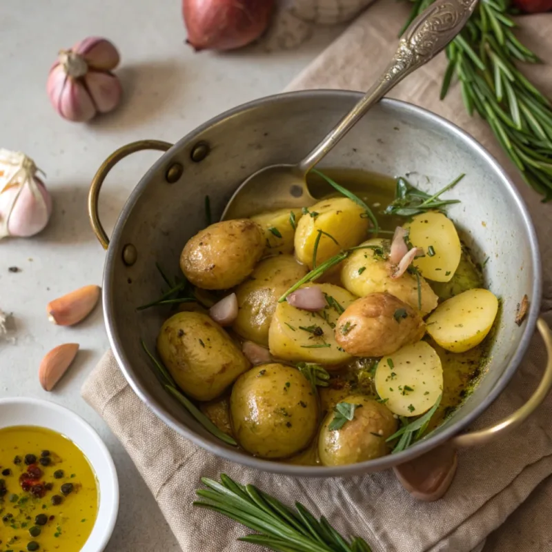 crispy roasted potatoes Tossing potatoes with garlic and rosemary oil”