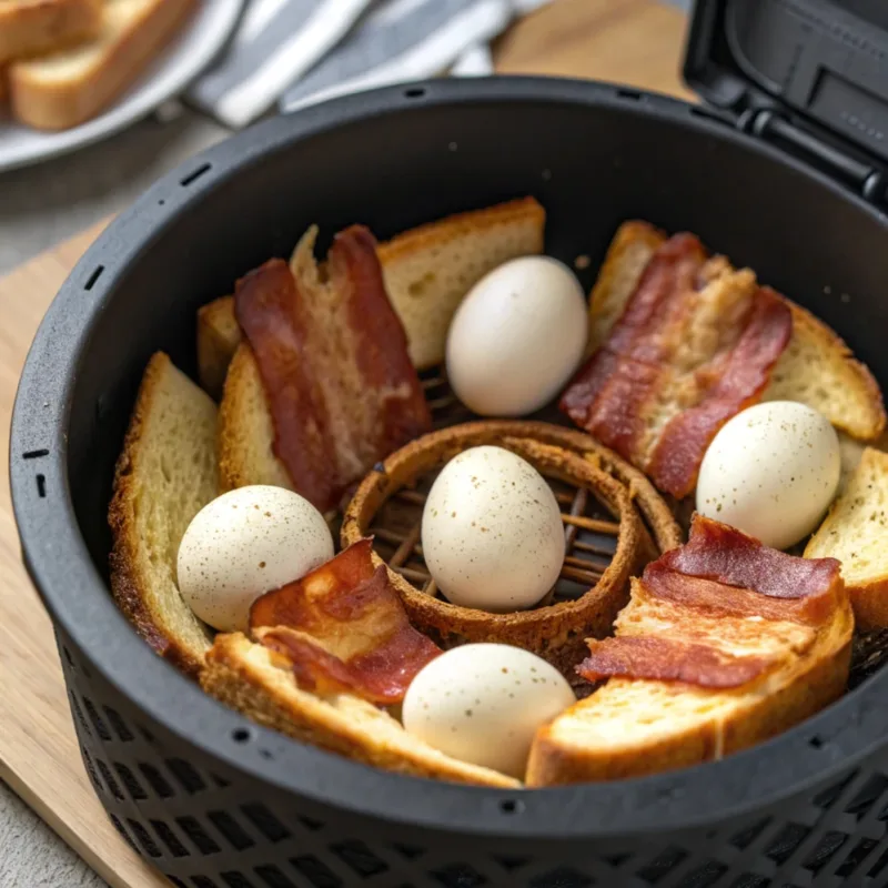 Air Fryer Bacon and Eggs Bacon nests on bread ready for eggs in air fryer basket