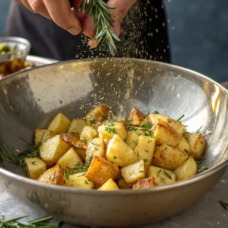crispy potatoes in oven coating potatoes in garlic rosemary oil