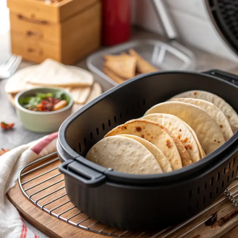 Air Fryer Chicken Quesadilla air fryer basket with quesadilla inside