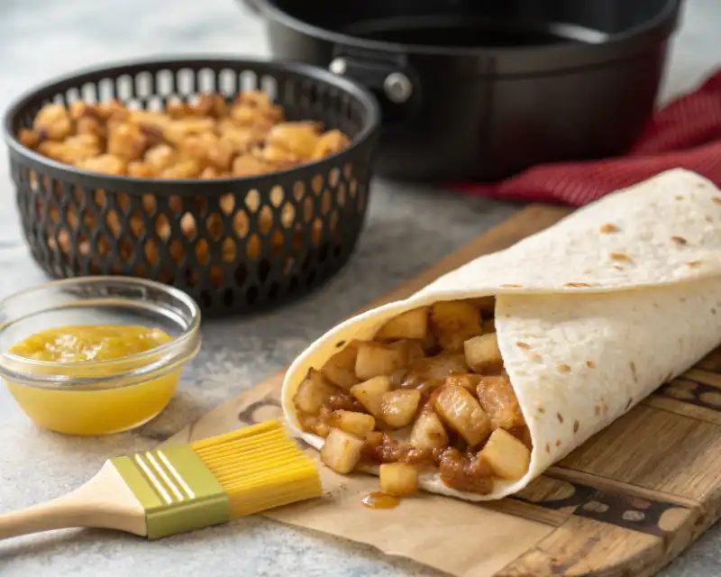 spooning apple pie filling into tortilla for taquitos”