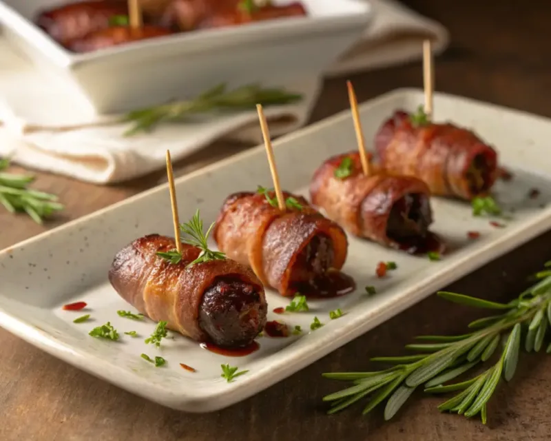 Bacon-Wrapped Dates Served bacon-wrapped dates appetizer