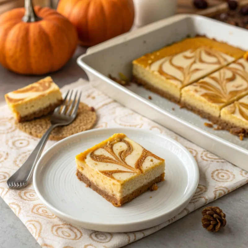 Pumpkin Cheesecake Bars Served slice of Pumpkin Cheesecake Bars