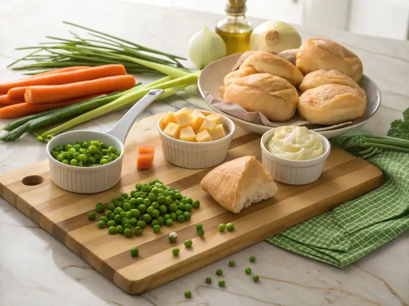 chicken pot pie with pie crust and crescent rolls Fresh ingredients for chicken pot pie with crescent roll topping on a wooden board