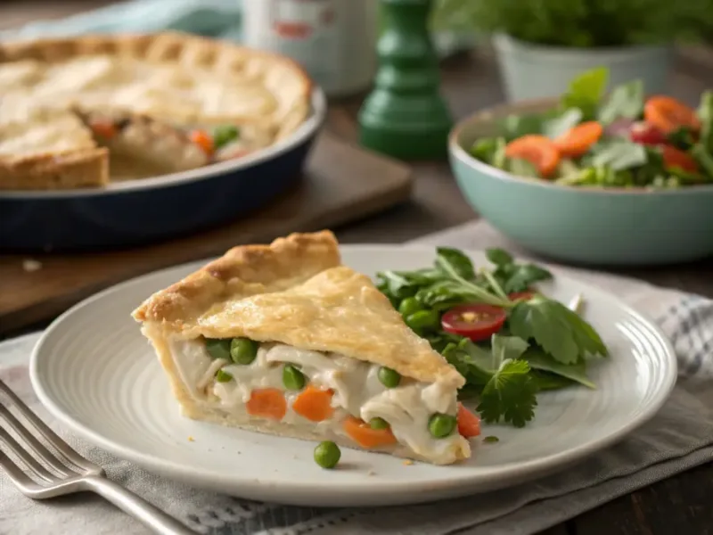 Chicken Pot Pie slice of chicken pot pie on plate showing filling with vegetables