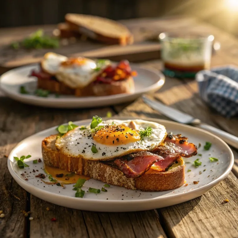 Air Fryer Bacon and Eggs Served air fryer bacon and eggs on toasted bread