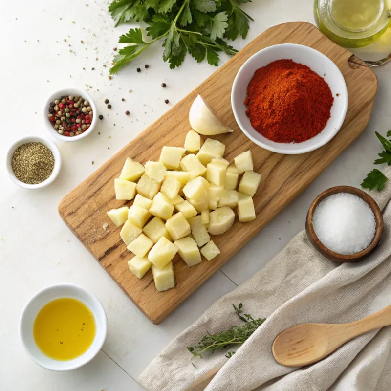 air fryer potatoes Ingredients for air fryer potatoes arranged on a wooden board