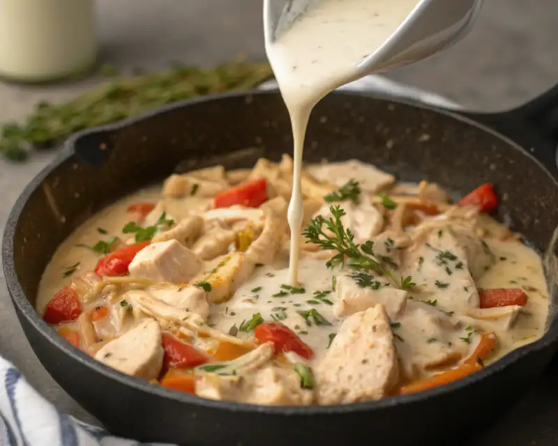 chicken pot pie with pie crust and crescent rolls Pouring cream into chicken and vegetable skillet for thick pot pie filling