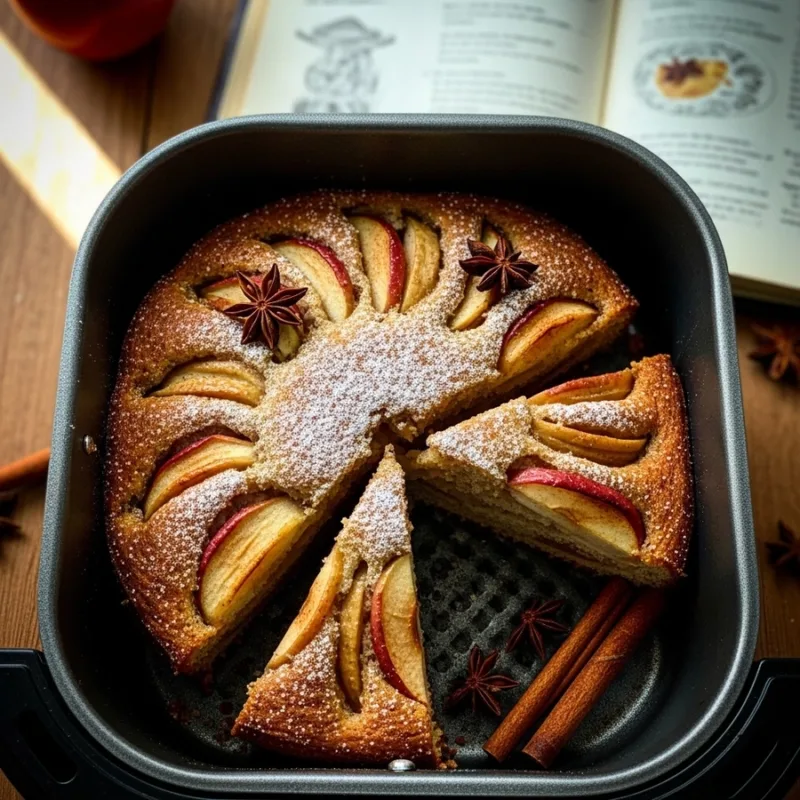 Top view air fryer apple cake with apple chunks