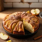 Golden Air Fryer Apple Cake slice dusted with cinnamon on rustic kitchen counter