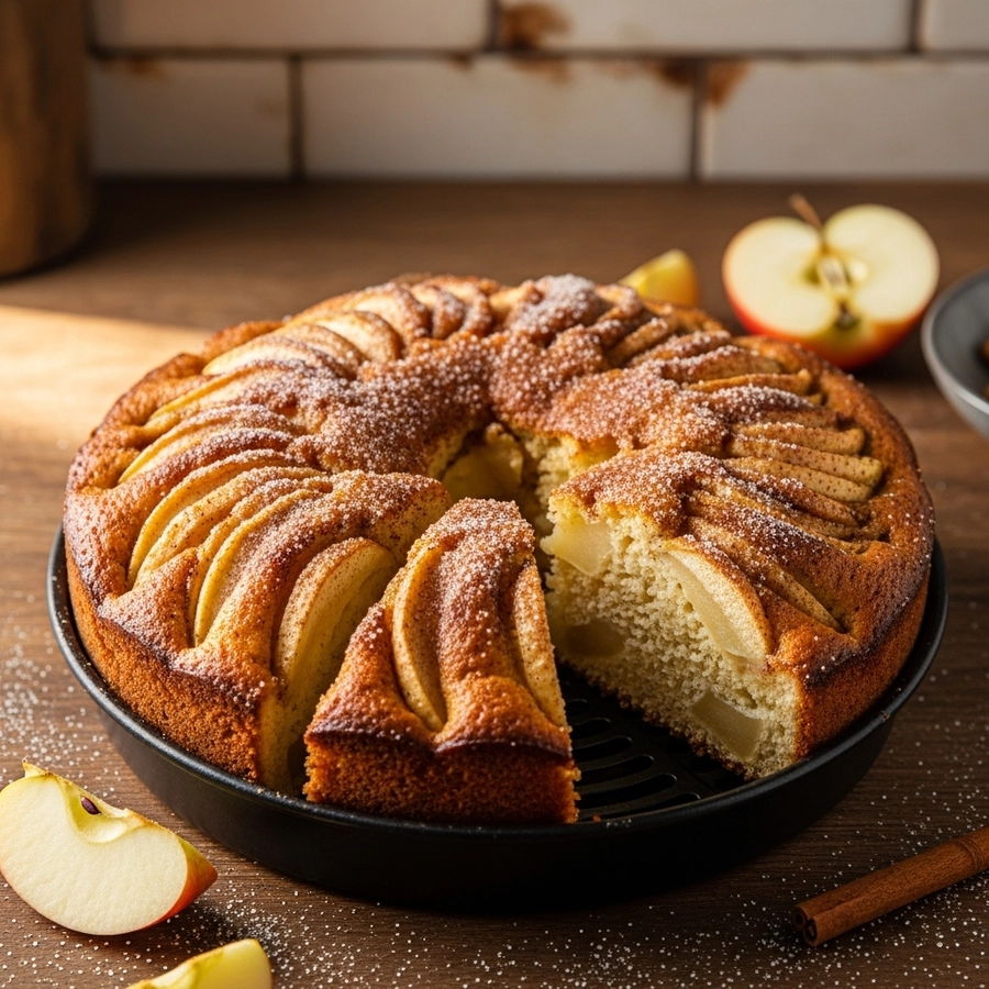 Golden Air Fryer Apple Cake slice dusted with cinnamon on rustic kitchen counter