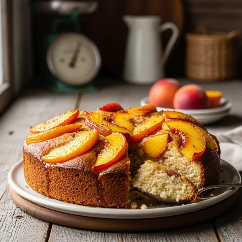 Air Fryer Peach Cobbler Cake Air fryer peach cobbler cake served with vanilla ice cream and peach slices