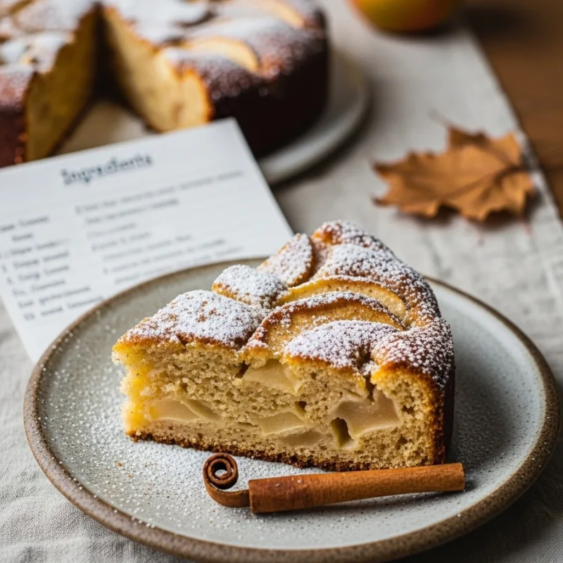 Slice of air fryer apple cake with powdered sugar and cinnamon