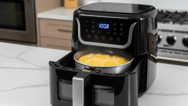 Air fryer pineapple cake baking inside air fryer