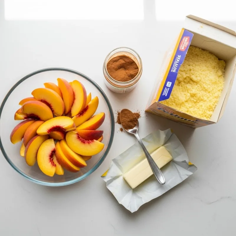 Air Fryer Peach Cobbler Cake Peach cobbler cake baking in air fryer basket, golden crust visible