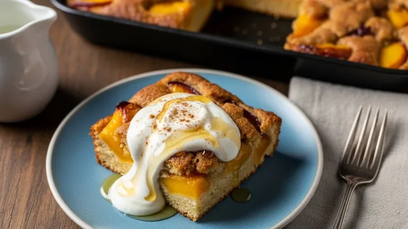 Air Fryer Peach Cobbler Cake op view of cut air fryer peach cobbler cake with powdered sugar