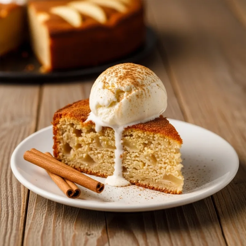 Serving air fryer apple cake with ice cream