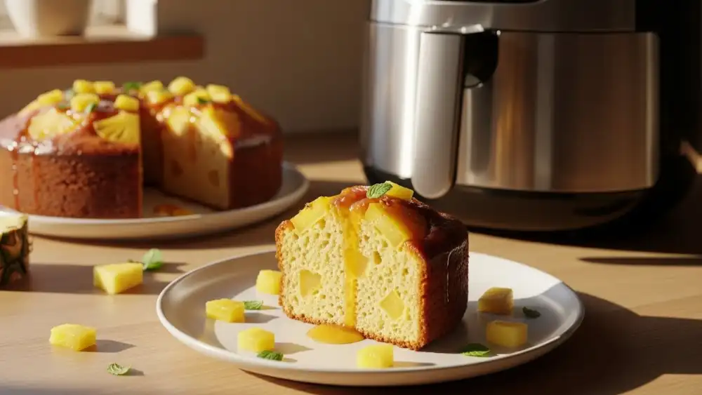 Air fryer pineapple cake sliced and served on a plate