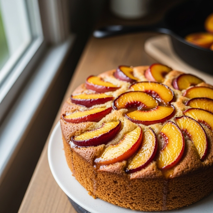 Air Fryer Peach Cobbler Cake Air fryer peach cobbler cake with golden-brown top and juicy peaches