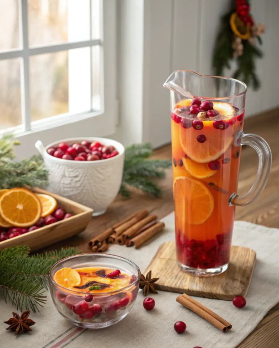 healthy christmas drinks cranberry orange punch in holiday kitchen