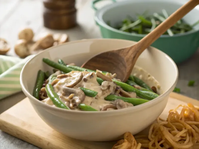 green bean casserole “Mixing green beans with creamy mushroom sauce for casserole”