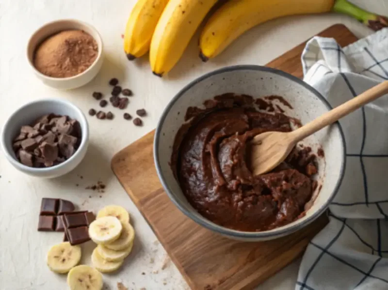 air fryer brownie with banana Mixing banana brownie batter for air fryer brownies with banana