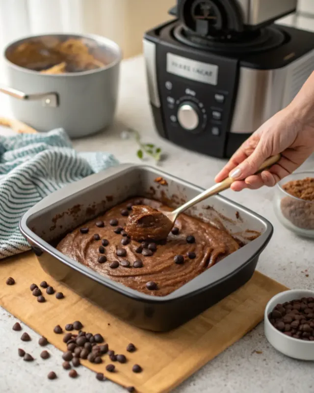 air fryer brownie with chocolate chips Air fryer brownie batter with chocolate chips in baking pan