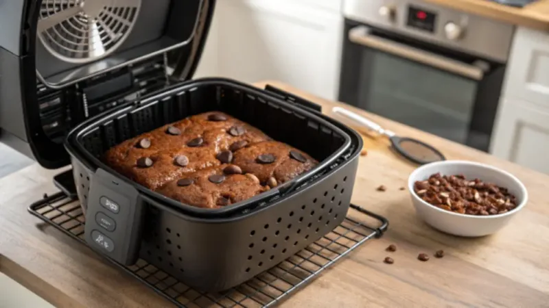air fryer brownie with chocolate chips Stacked air fryer brownies with chocolate chips