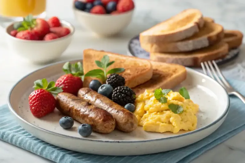 breakfast plate with air fryer breakfast sausages and eggs